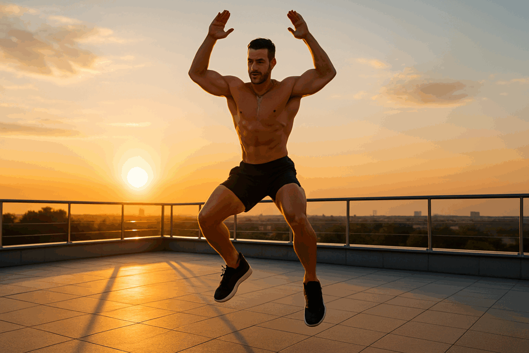 10 Powerful Benefits of a Quick Morning Workout to Jumpstart Your Strength and Fitness Goals_01 Thought for 4 seconds Athletic man performing a dynamic jump on a rooftop at sunrise, bathed in golden light for a quick morning workout.