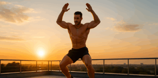 Thought for 4 seconds Athletic man performing a dynamic jump on a rooftop at sunrise, bathed in golden light for a quick morning workout.