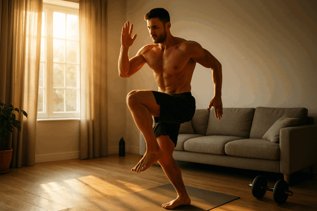 Fit man doing high knees in a sunlit living room as part of a quick morning workout to boost metabolism.