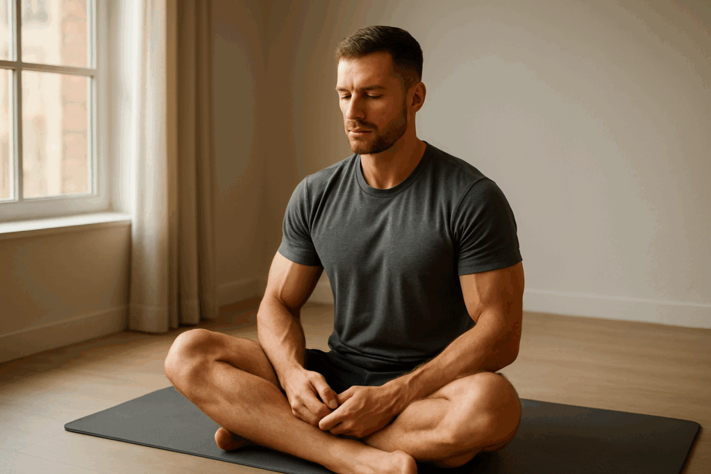 Man sitting calmly on a yoga mat after a quick morning workout, meditating by a sunlit window to enhance focus and clarity.