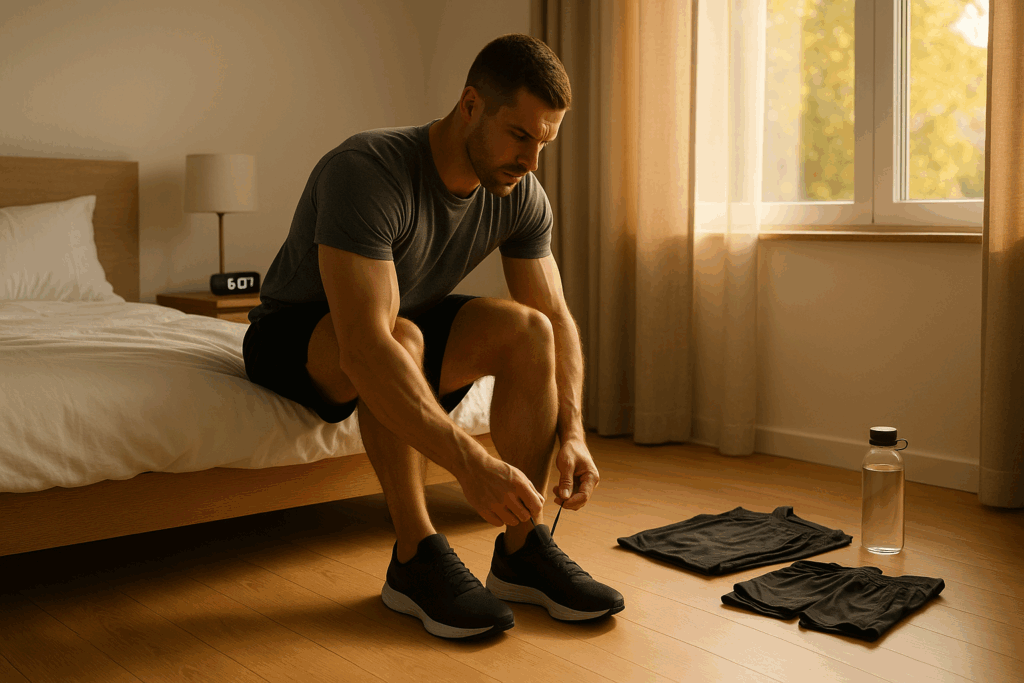 Man tying shoes at sunrise beside bed and workout gear, preparing for a quick morning workout with discipline and focus.