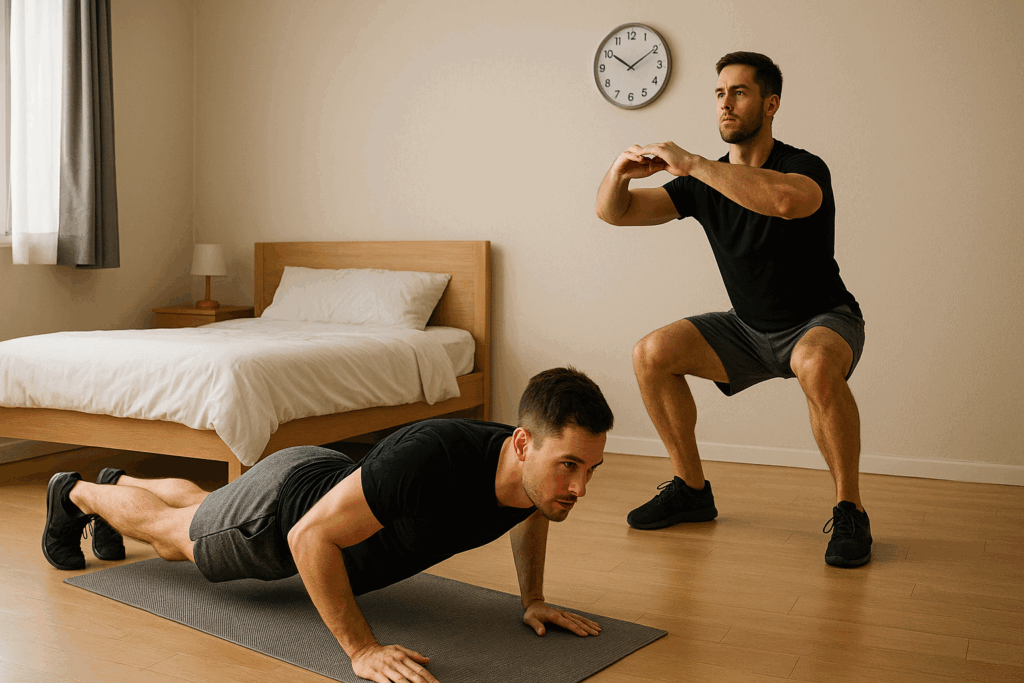 Man doing push-ups and squats in a minimalist bedroom during a quick morning workout with early daylight and a wall clock.