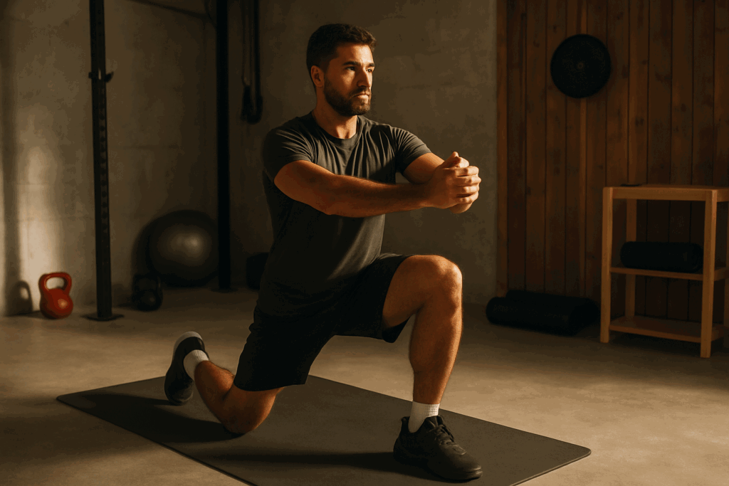 Man performing a lunge with twist in a home gym as part of a mobility-focused quick morning workout to build functional strength.