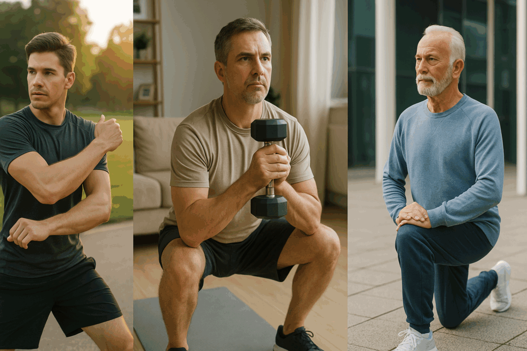 Man at three life stages performing a quick morning workout, from stretching to strength training, symbolizing lifelong fitness commitment.