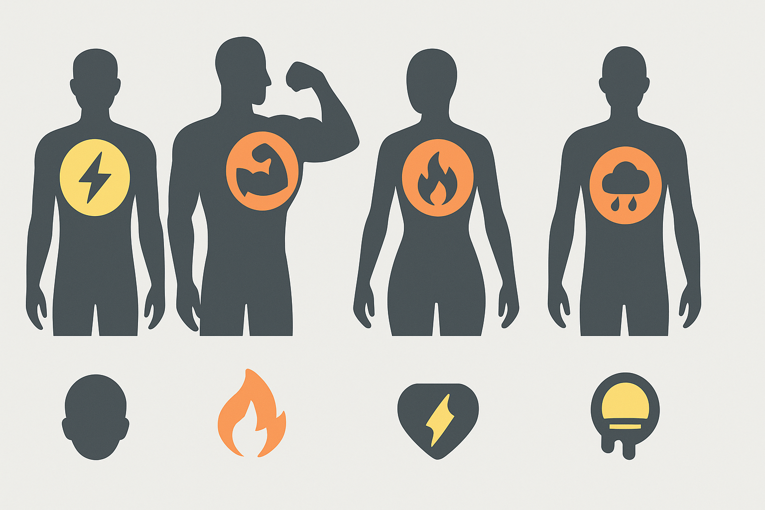 Visual diagram of human silhouettes showing energy, muscle, fat metabolism, and stress effects from a quick morning workout.