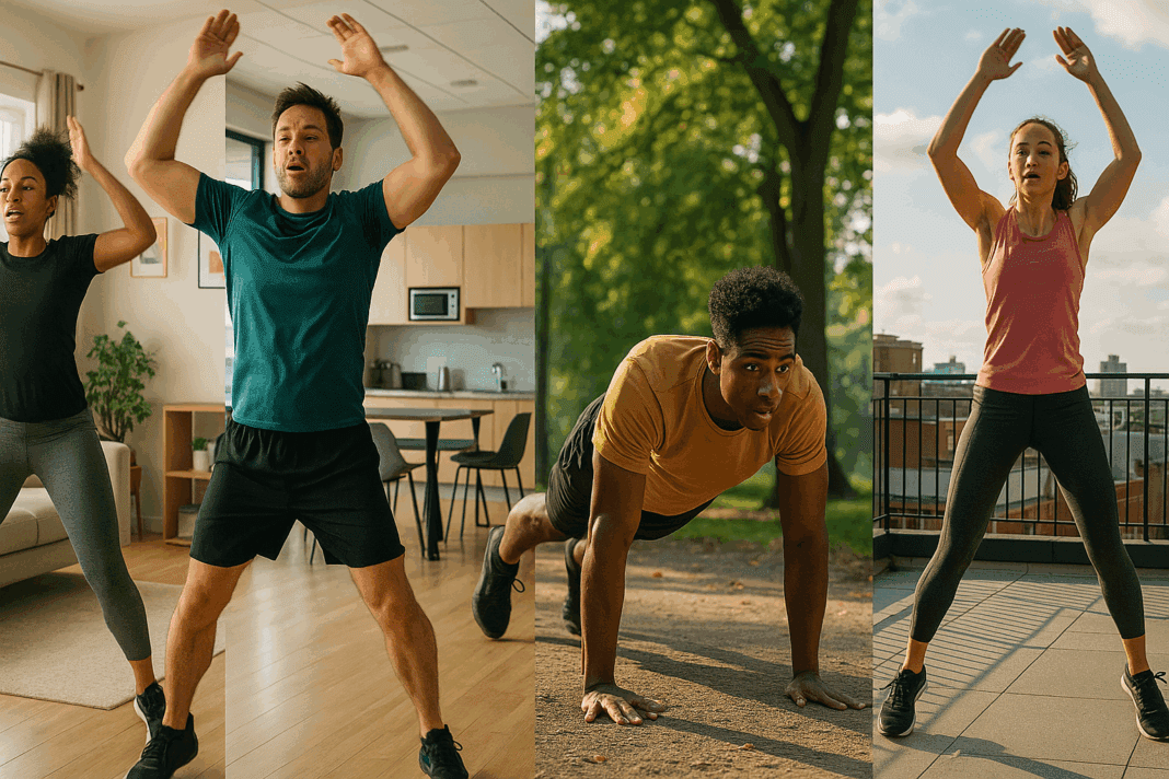 Diverse group of people performing a 10-minute cardio exercise with jumping jacks and burpees in a living room, office, park, and rooftop.
