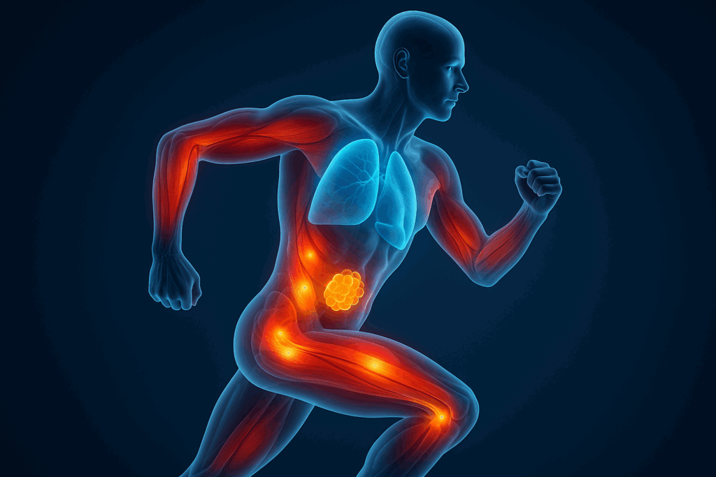 3D medical illustration of a man performing 10-minute cardio exercise with glowing muscles showing fat burn, oxygen intake, and ATP activity
