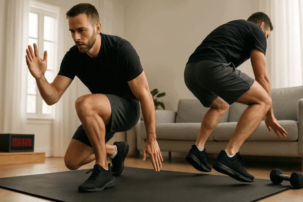Person performing a 10-minute cardio exercise at home, transitioning between jumping jacks, mountain climbers, and squat jumps on a gym mat.