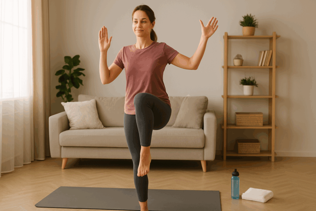 Woman doing a 10-minute cardio exercise with knee lifts in a cozy, sunlit living room, next to a water bottle and towel.