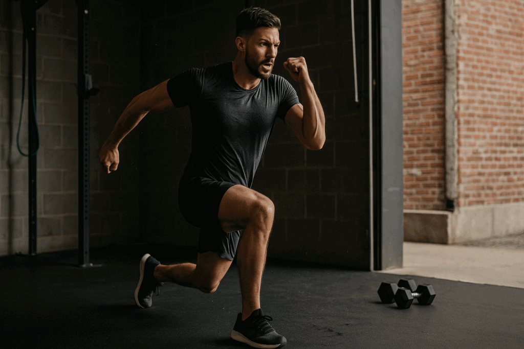 Athletic man mid-air during lunge jumps in a garage gym, demonstrating intense 10-minute cardio exercise with visible muscle engagement.