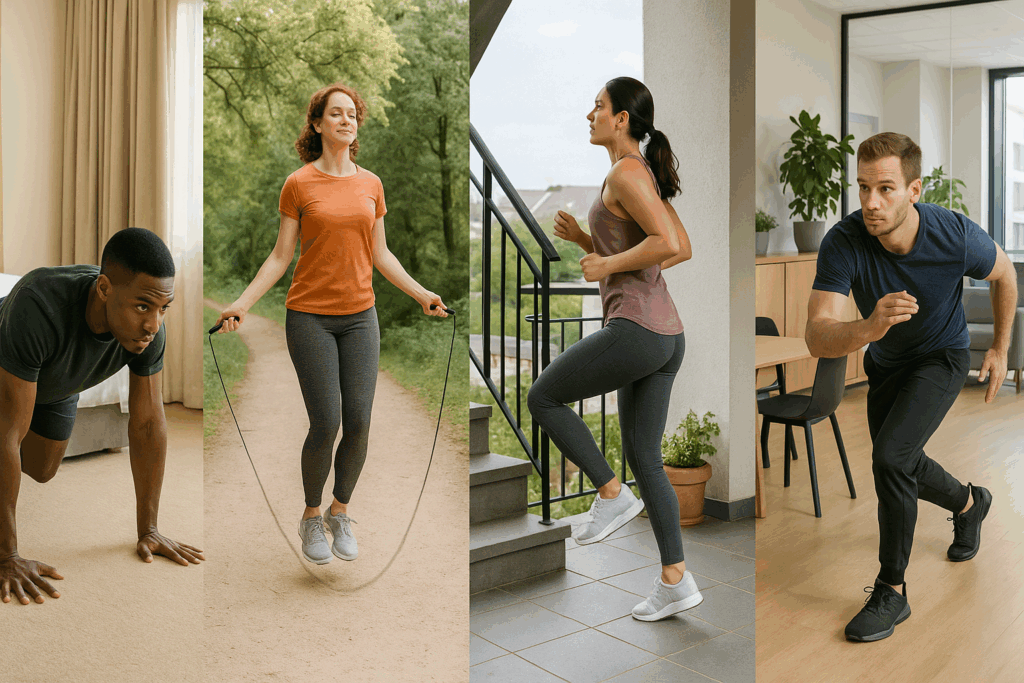 "People doing 10-minute cardio exercise routines in a hotel room, park trail, home balcony, and office break area"