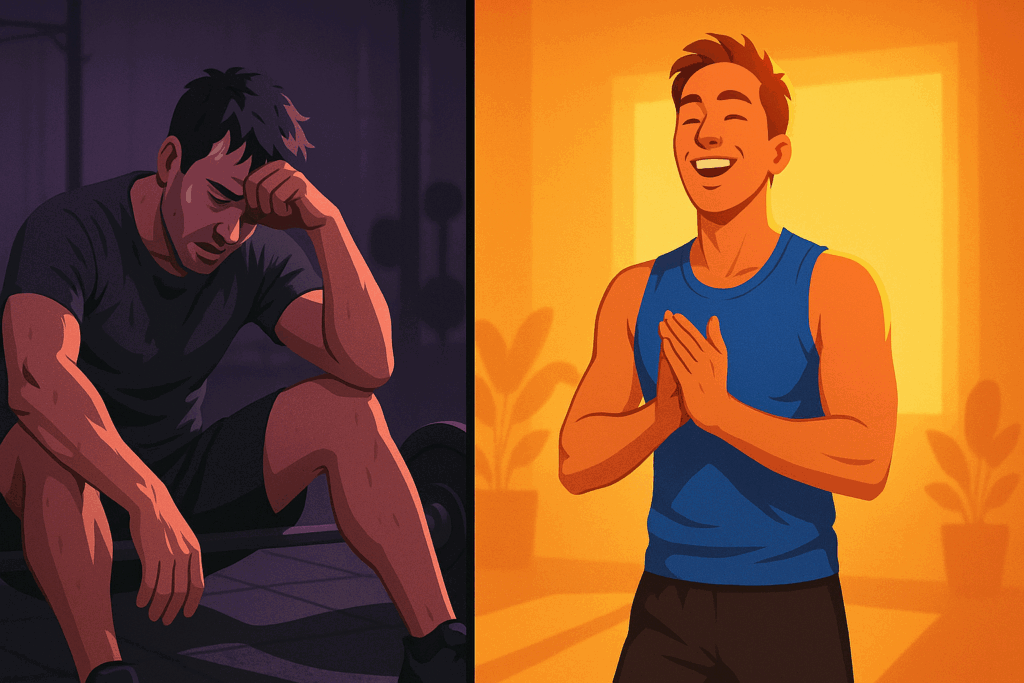 "Split-screen comparison of exhausted man after long gym session and energized person post 10-minute cardio exercise"