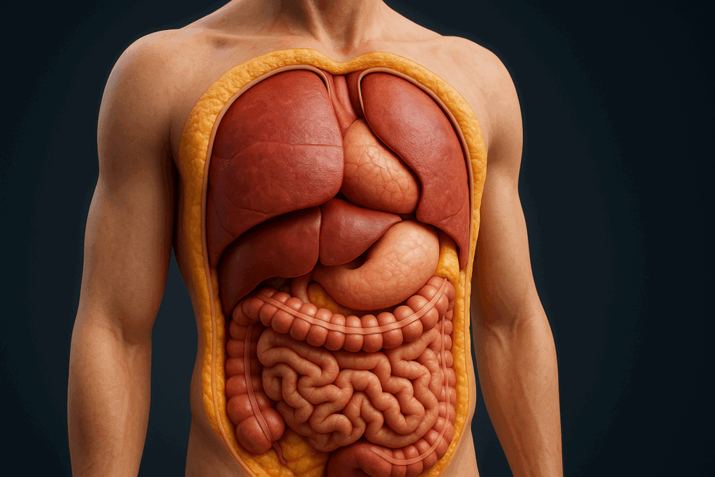 Cross-section of human torso showing visceral and subcutaneous fat layers related to 2 veggies that destroy stomach fat