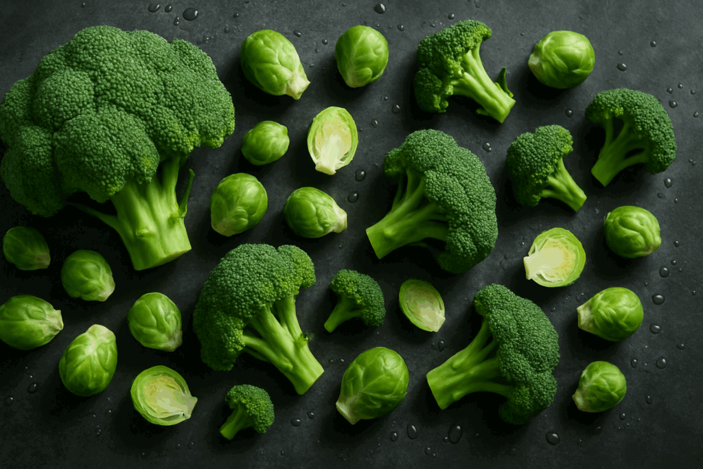 Fresh broccoli and Brussels sprouts on a dark surface, highlighting 2 veggies that destroy stomach fat.