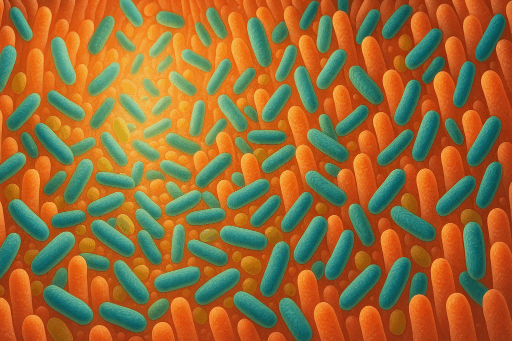 Microscopic view of a balanced gut microbiome with colorful bacteria and intestinal lining, illustrating effects of 2 veggies that destroy stomach fat.