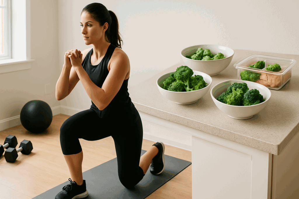 "Woman doing lunges in home gym with meal prep station showing 2 veggies that destroy stomach fat—broccoli and Brussels sprouts"