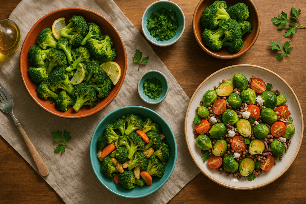 "Global dishes with broccoli and Brussels sprouts showcasing 2 veggies that destroy stomach fat in diverse recipes"