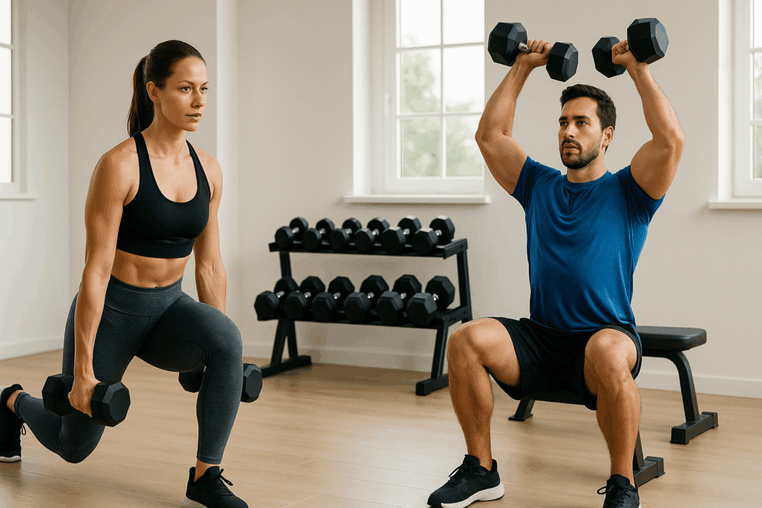 3 day a week dumbbell workout (1) Man and woman doing dumbbell lunges and shoulder presses in a home gym as part of a 3 day a week dumbbell workout.