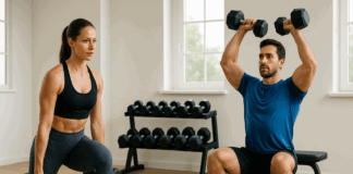 Man and woman doing dumbbell lunges and shoulder presses in a home gym as part of a 3 day a week dumbbell workout.