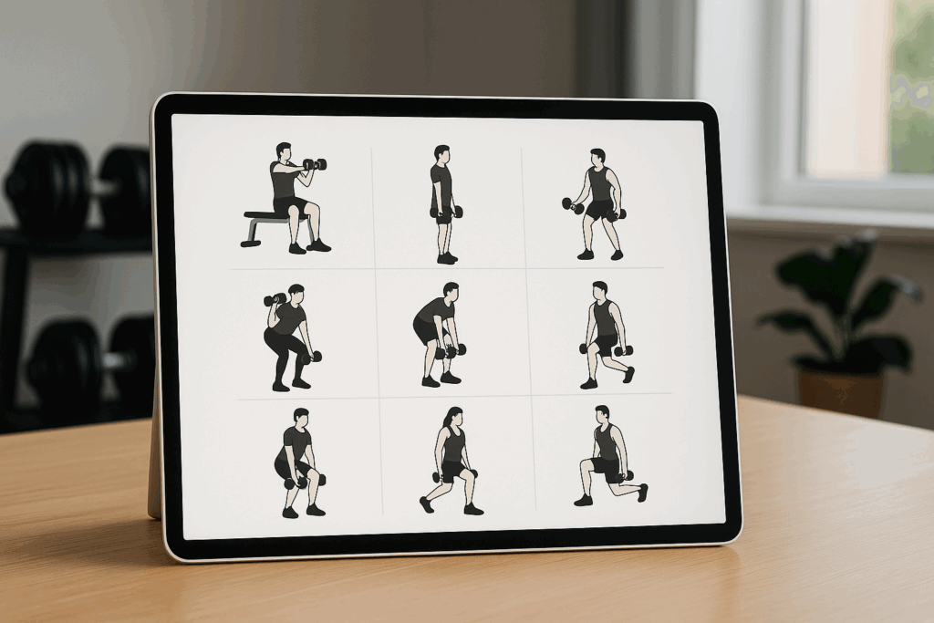 Tablet screen displaying illustrated 3 day a week dumbbell workout plan in a modern home gym setting.