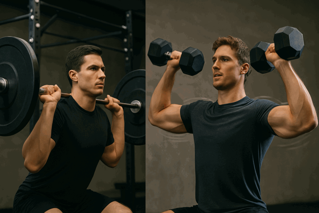 "Side-by-side comparison of barbell and dumbbell presses demonstrating benefits of a 3 day a week dumbbell workout."