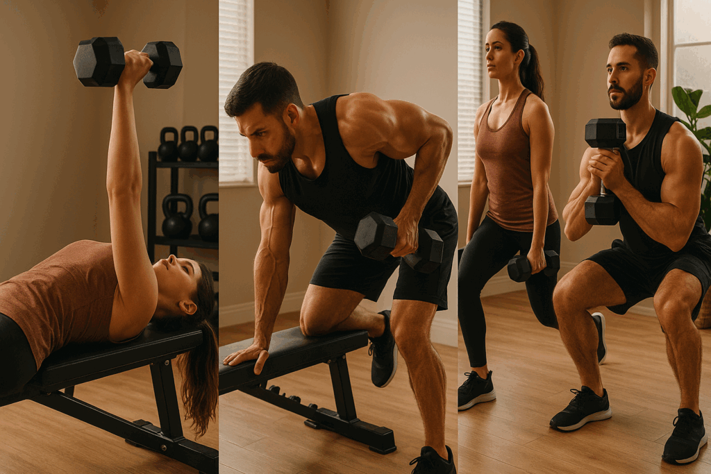 "Three home gym scenes showing a 3 day a week dumbbell workout: chest press, one-arm row, and lower-body exercises"