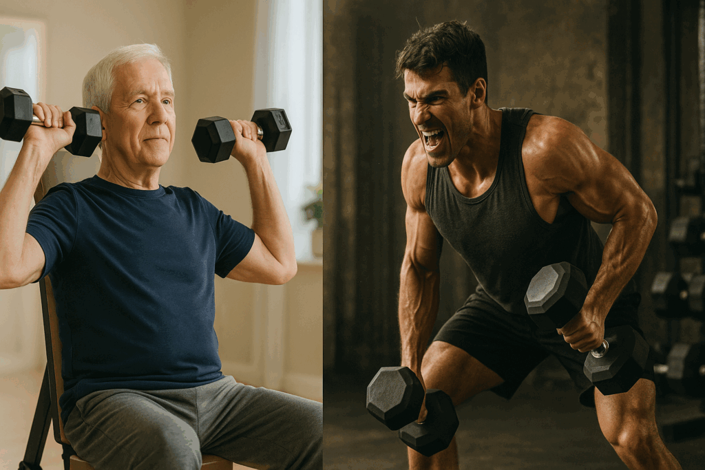 Older man doing modified shoulder press and young athlete performing drop-set, showing 3 day a week dumbbell workout flexibility.
