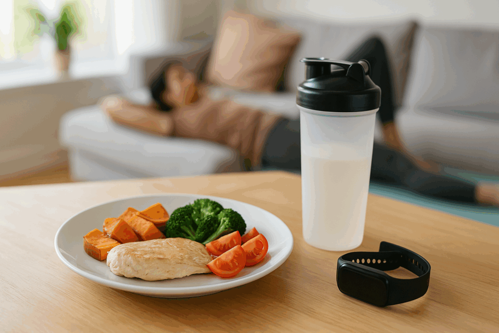 Post-workout meal with lean protein, veggies, and a shaker bottle on a kitchen counter, supporting a 3 day a week dumbbell workout