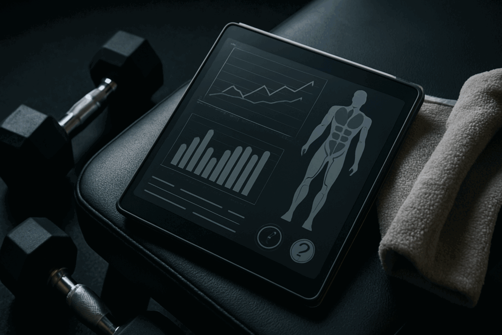 "Tablet displaying workout charts on a gym bench beside dumbbells and a towel, illustrating 3 day a week dumbbell workout tracking"