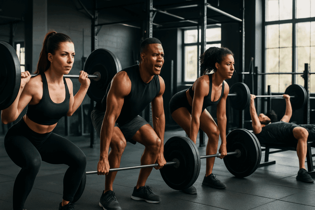 7 Powerful Ways to Maximize Muscle Gains with a 7 Days Gym Plan001 Men and women performing squats, deadlifts, and bench press in a modern gym, illustrating a 7 days gym plan.
