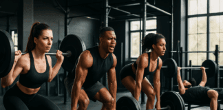 7 Powerful Ways to Maximize Muscle Gains with a 7 Days Gym Plan Men and women performing squats, deadlifts, and bench press in a modern gym, illustrating a 7 days gym plan.
