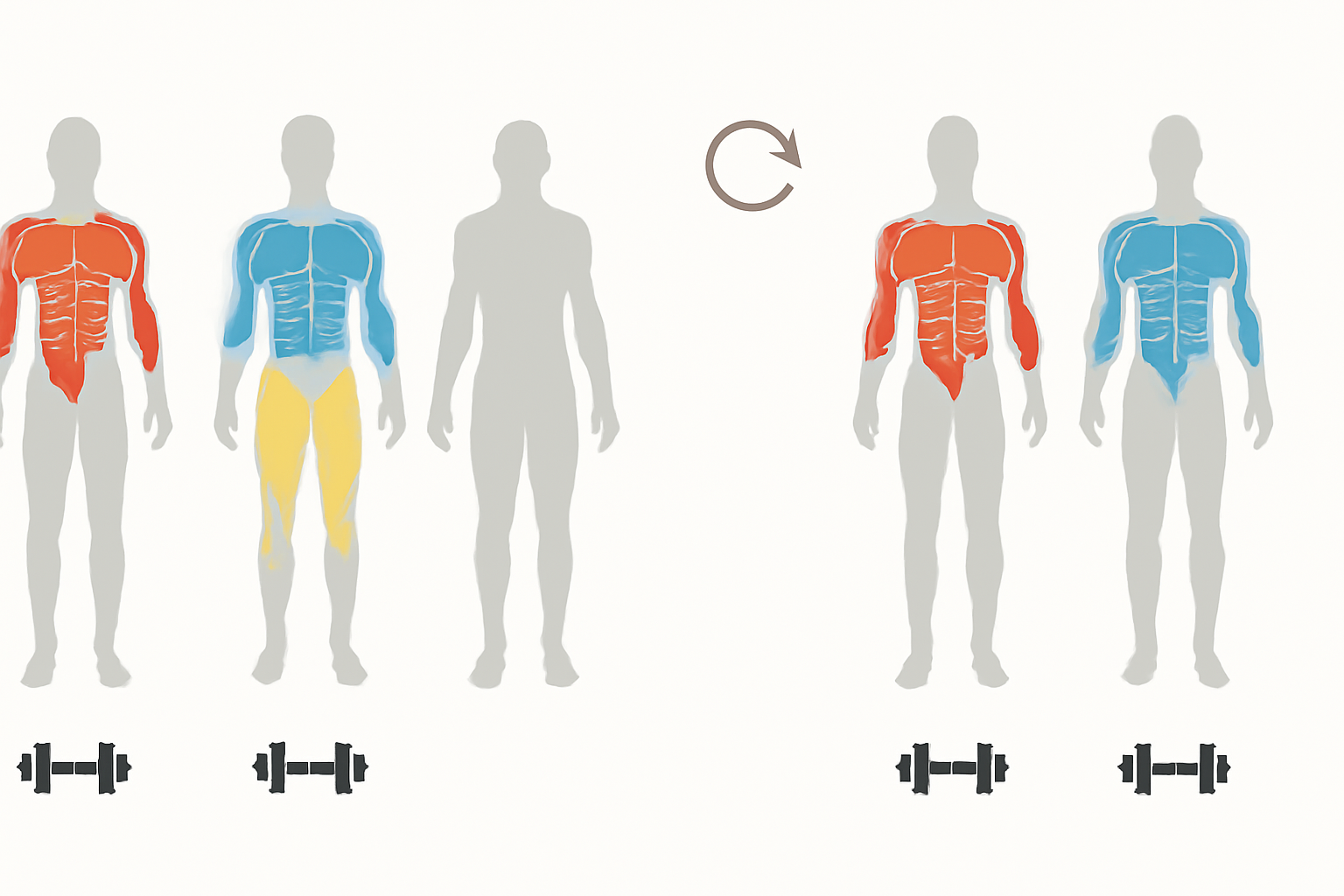 Color-coded anatomy diagram showing a 7 days gym plan with targeted muscle groups for each workout day and rest indicators