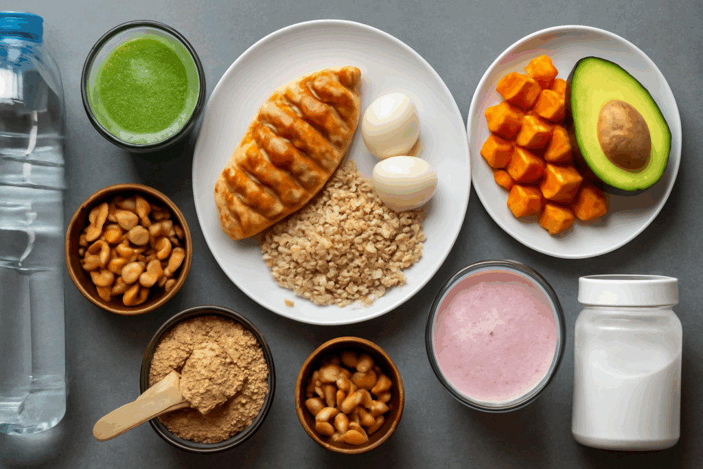 Balanced meal prep for muscle-building in a 7 days gym plan, featuring grilled chicken, sweet potatoes, avocado, quinoa, and hydration options, with whey protein and creatine supplements.