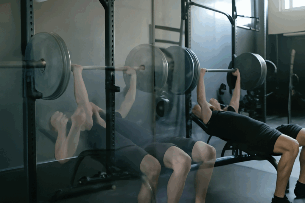 Man increasing barbell weight across ghosted lifting sessions at gym, illustrating progressive overload in a 7 days gym plan