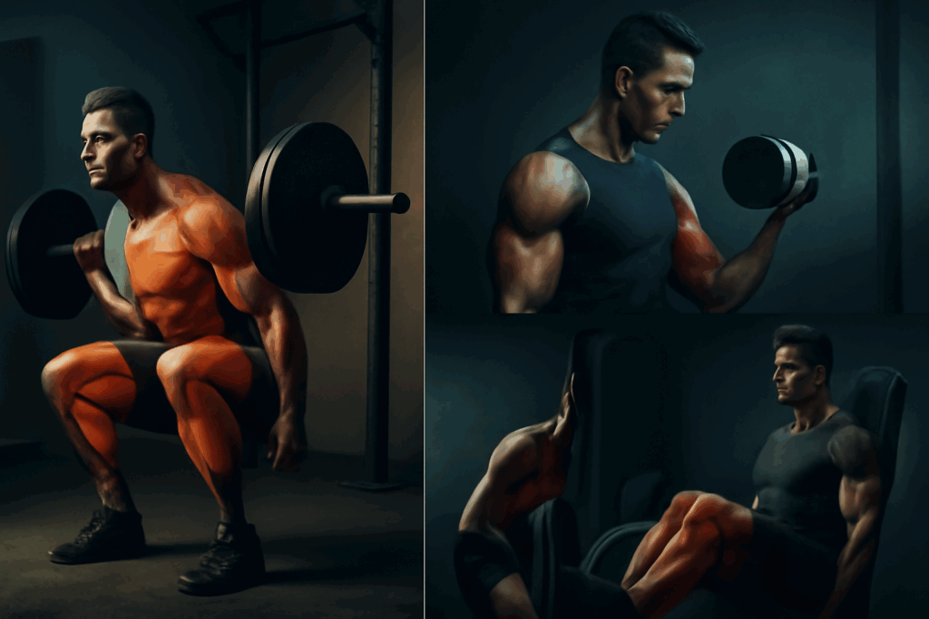 Side-by-side comparison of compound vs. isolation exercises: left side shows squats and deadlifts, highlighting full-body muscle engagement, right side shows bicep curls and leg extensions focusing on isolated muscle groups, demonstrating key movements for a 7 days gym plan.
