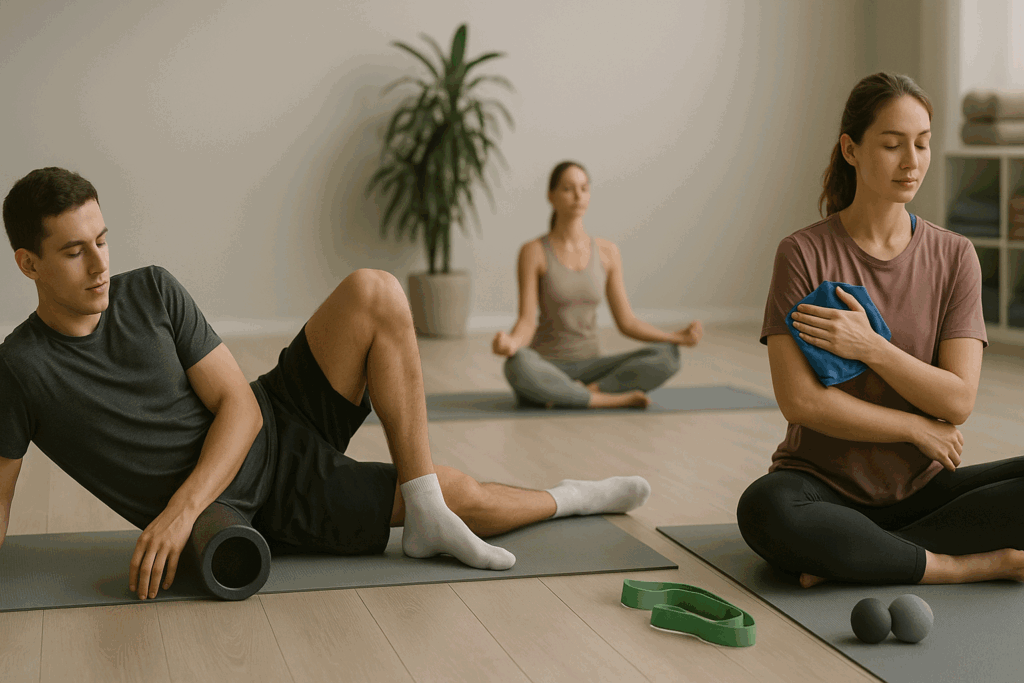 hree individuals practicing recovery techniques in a serene gym setting as part of a 7 days gym plan. One person is foam rolling, another is meditating, and a third is using an ice pack post-workout, with resistance bands and massage balls nearby.