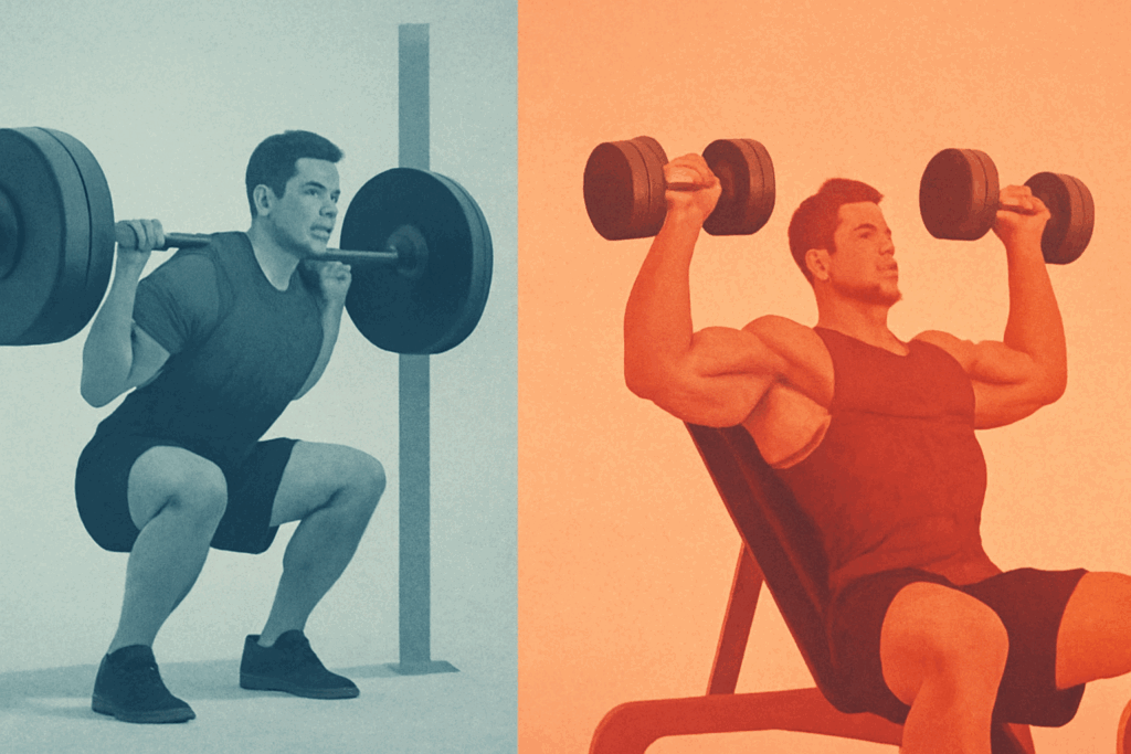Side-by-side comparison of two gym-goers: one lifting heavy weights for low-rep strength training (barbell squat) and the other doing high-rep hypertrophy work (dumbbell bench press) to demonstrate how a 7 days gym plan can be customized based on fitness goals.