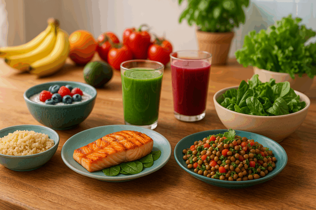 Colorful rustic kitchen table featuring a high protein and fiber meal plan with grilled salmon, lentil salad, quinoa, leafy greens, chia pudding, and fresh smoothies.