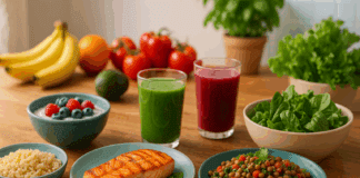 Colorful rustic kitchen table featuring a high protein and fiber meal plan with grilled salmon, lentil salad, quinoa, leafy greens, chia pudding, and fresh smoothies.