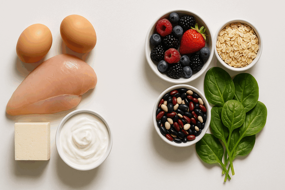 Balanced flat-lay of ingredients for a high protein and fiber meal plan, with chicken, eggs, tofu, and yogurt on one side and berries, oats, beans, and spinach on the other.