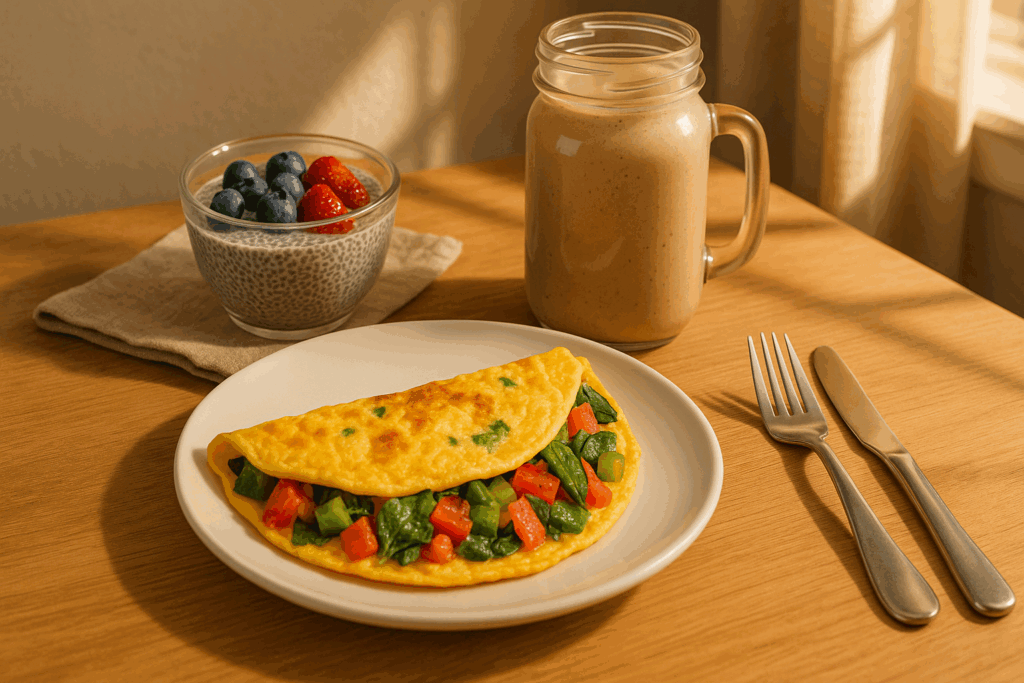Vegetable omelet, chia seed pudding with berries, and smoothie in a mason jar served as part of a high protein and fiber meal plan.
