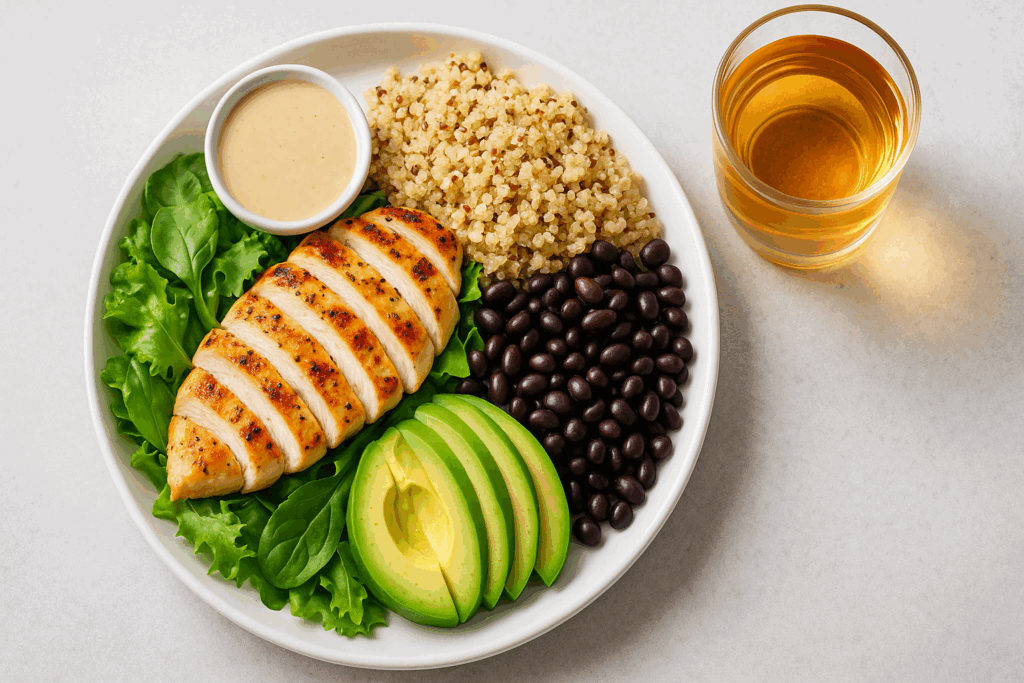 Grilled chicken with quinoa, black beans, avocado, and greens on a white plate, part of a high protein and fiber meal plan.