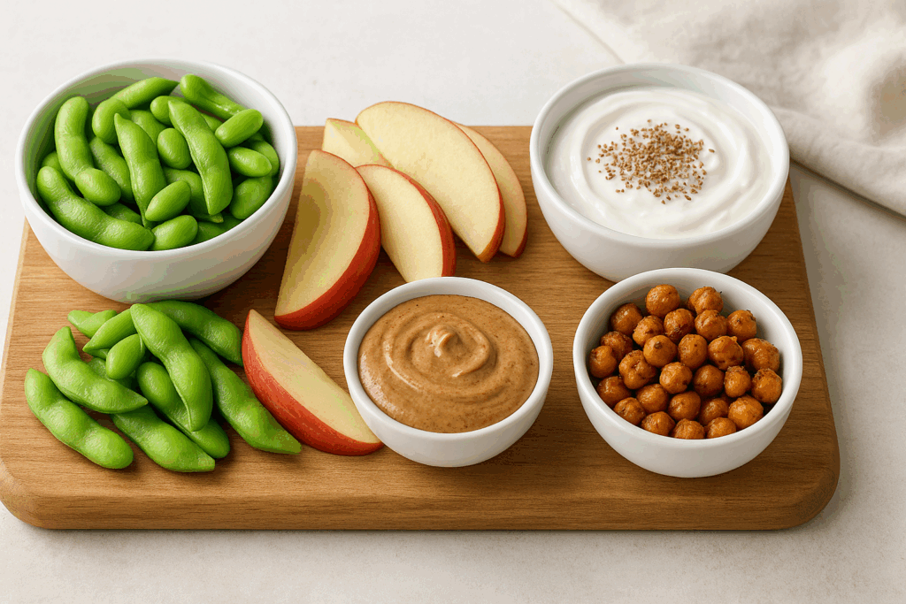 Snack board with edamame, apple slices with almond butter, Greek yogurt with flaxseed, and roasted chickpeas for a high protein and fiber meal plan.