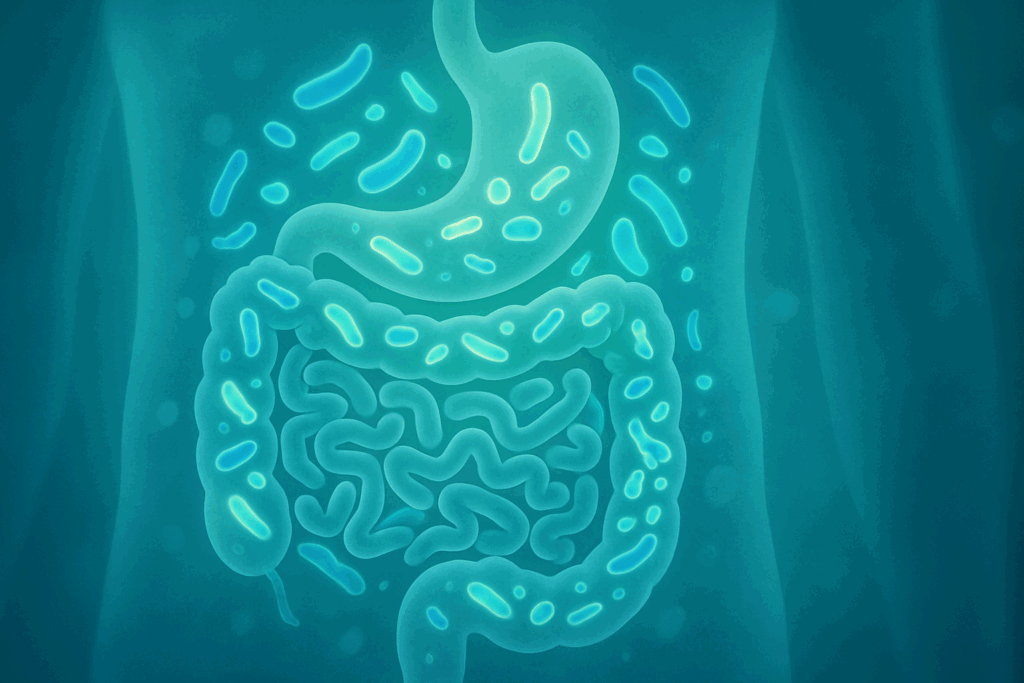 Abstract visualization of the digestive tract showing glowing gut bacteria, supporting a high protein and fiber meal plan for immune health.