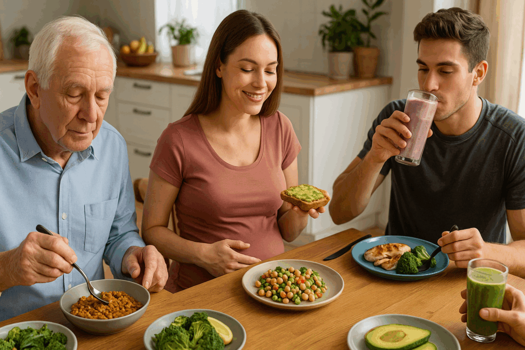 Diverse group sharing a high protein and fiber meal plan with lentils, avocado toast, and smoothies around a sunny kitchen table