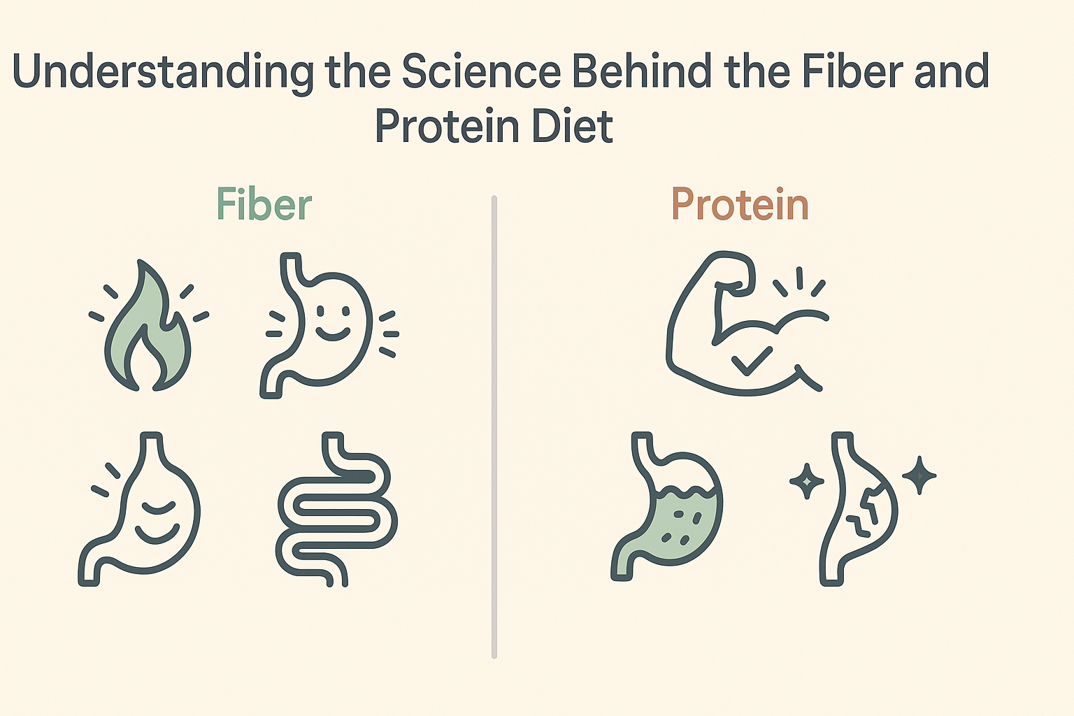 Diagram comparing how a high protein and fiber meal plan affects digestion, gut health, muscle repair, and energy balance using clean icons.