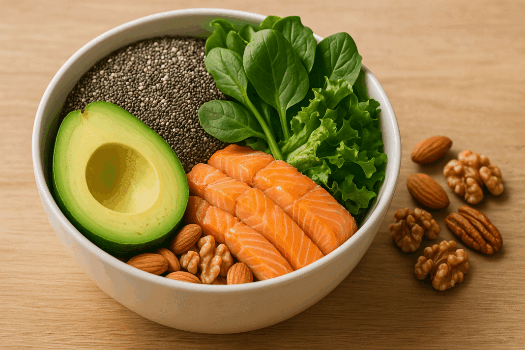 ChatGPT Image May 10, 2025, 11_05_40 AM Bowl of high fiber keto foods with avocado, salmon, leafy greens, chia seeds, and mixed nuts on a wooden table in natural light