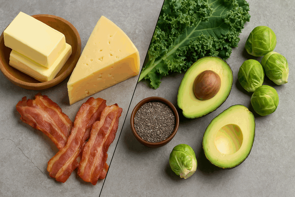 Split view of high-fat keto staples like bacon, butter, and cheese next to high fiber keto foods including kale, avocado, Brussels sprouts, and chia seeds.