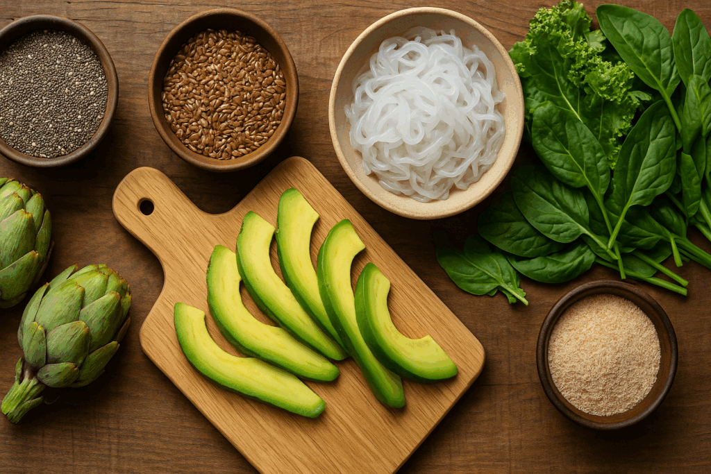 Top-down view of high fiber keto foods including chia seeds, flaxseeds, avocado slices, konjac noodles, leafy greens, artichokes, and psyllium husk on a rustic wooden counter.