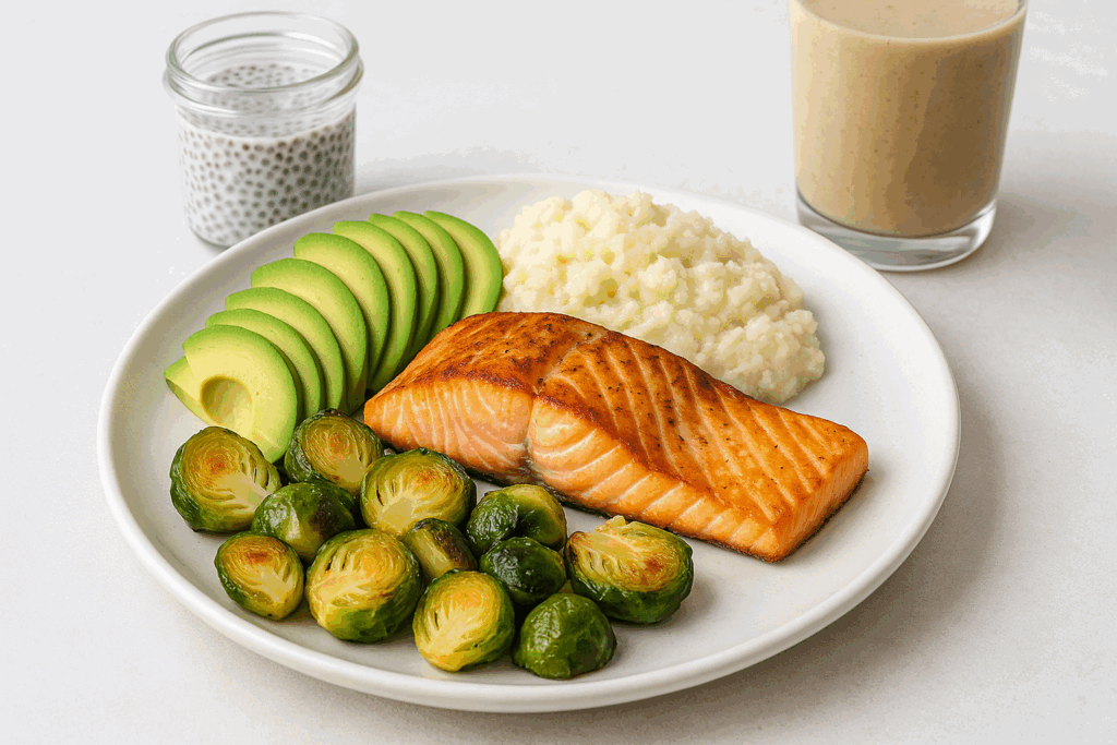 Grilled salmon with roasted Brussels sprouts, avocado slices, cauliflower mash, chia pudding, and a smoothie—nutrient-rich high fiber keto foods.